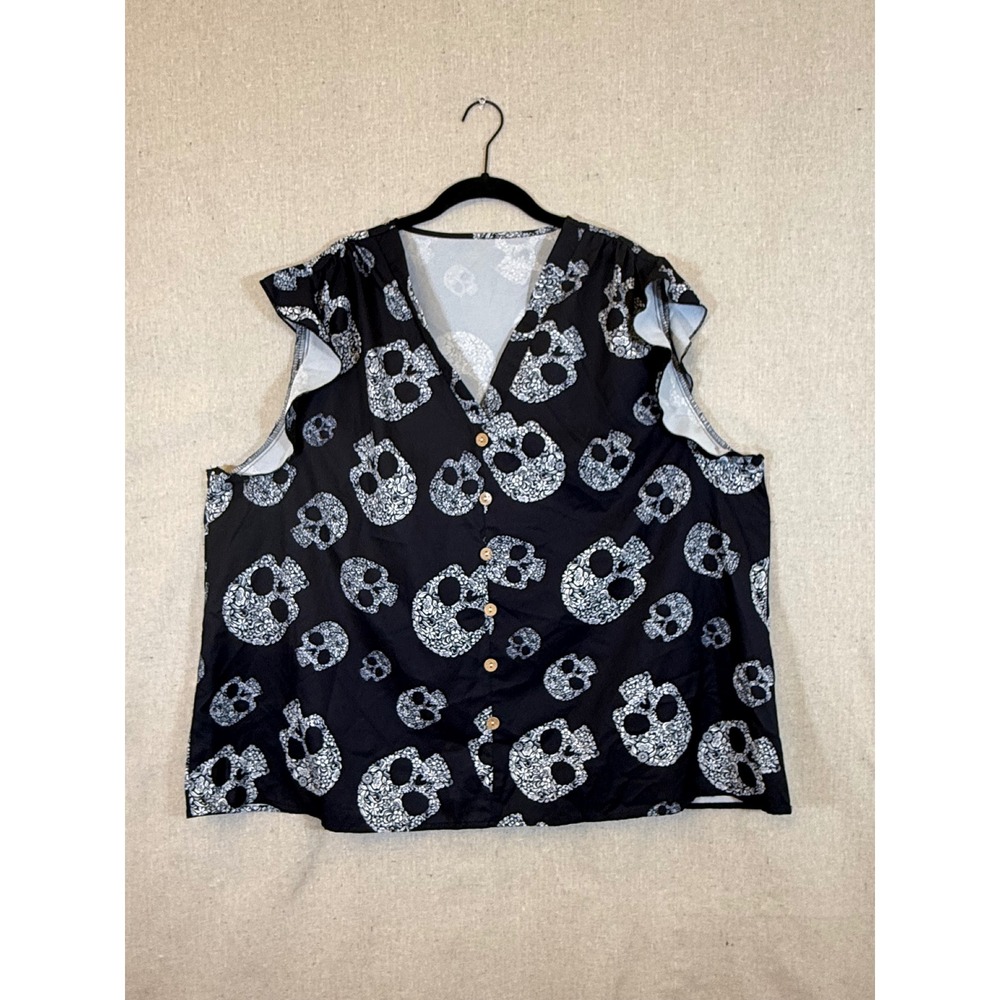 Shein Curve Womens 4XL Black Floral Skull Print Ruffle Sleeve Button Down Top